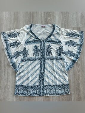 Calypso St Barth Linen Floral Cover Up Tunic White Blue Women’s Size Medium